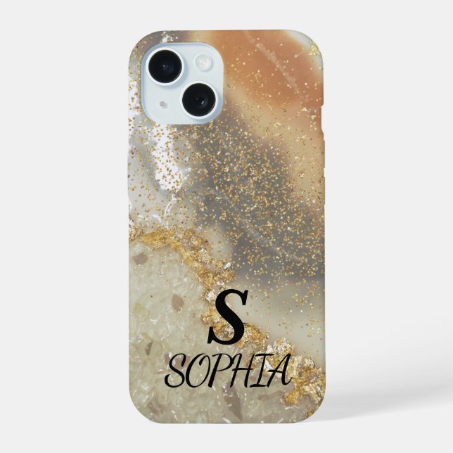 Rosa Marmor Chic Gold Glitter Monogramm iPhone 15 Hülle (Rückseite)