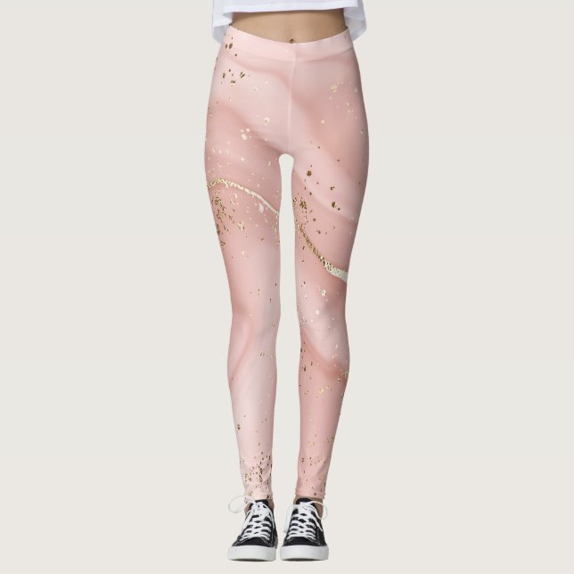 Rosa Marmor Gold Glitter Abstractes Muster Leggings (Vorderseite)