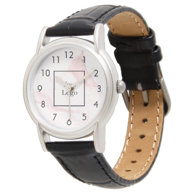 Rosa Marmor mit elegantem klassischem Firmenlogo Armbanduhr (Schrägansicht)