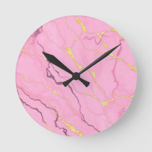 Rosa Marmor mit goldenen Adern Muster Runde Wanduhr