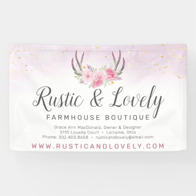 Rosa Marmor Rustikale Floral Antlers Chic Banner (Horizontal)