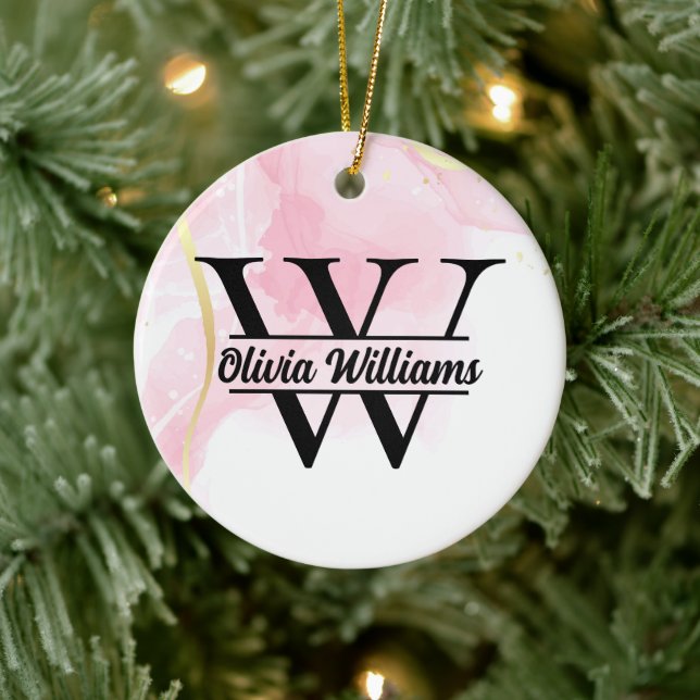 Rosa Marmormonogramm | Girly Modern Gold Glitzer Keramik Ornament (Baum)