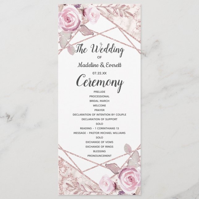 Rosa Marmorrahmen Flora Hochzeitsprogramm Programm (Vorderseite)