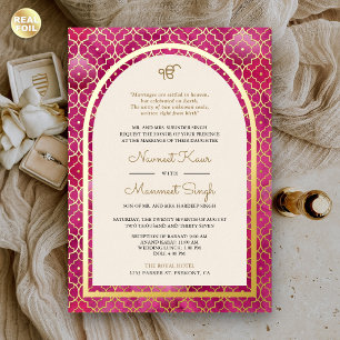 Rosa marokkanische Muster Sikh Arch Wedding Gold Folieneinladung