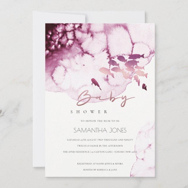 Rosa Maroon Unterwasser-Meer Fisch Baby-Dusche ein Dankeskarte (Vorderseite)