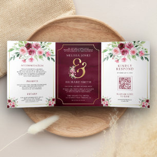 Rosa Marsala Floral Et-Zeichen QR-Code Hochzeit Dreifach Gefaltete Einladung
