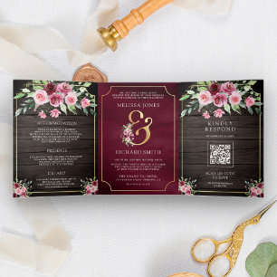 Rosa Marsala Floral Und-Zeichen Holz QR-Code Hochz Dreifach Gefaltete Einladung