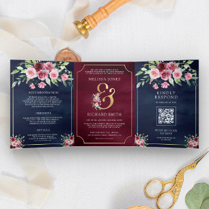 Rosa Marsala Florales Und-Zeichen Navy QR-Code Hoc Dreifach Gefaltete Einladung