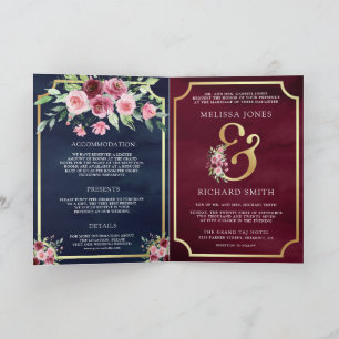 Rosa Marsala Florales Und-Zeichen Navy QR-Code Hoc Einladung