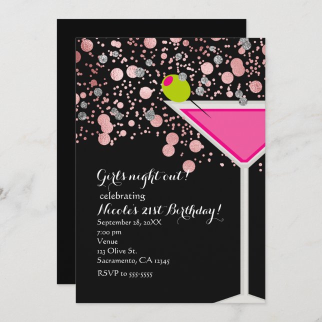 Rosa Martini Drink mit Olive Confetti Party Einladung (Vorne/Hinten)