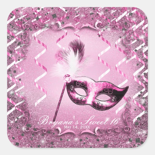 Rosa Masquerade Maske Elegantes Ball Party Quadratischer Aufkleber (Vorderseite)