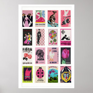Rosa Matchbox-Etiketten-Collage, Vintage-Ephemera Poster