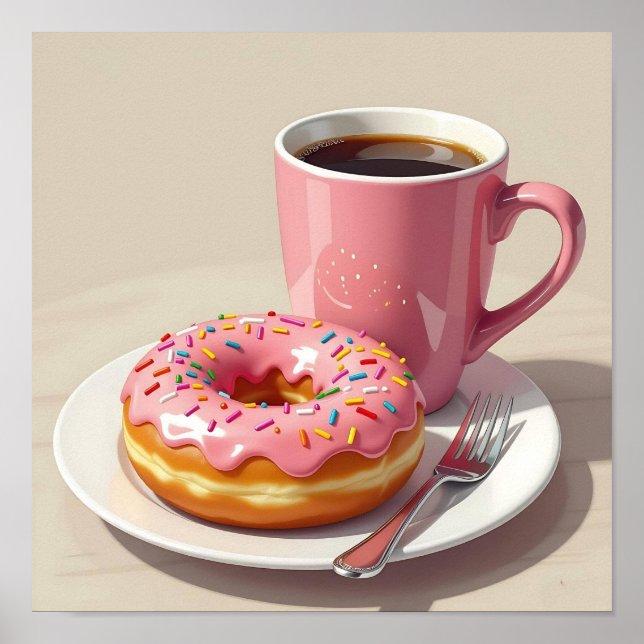 Rosa, Mattierter Donut und Kaffee Poster (Vorne)