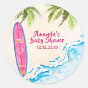 Rosa Meer Ozean Surf Palmenstrand Baby Shower Runder Aufkleber