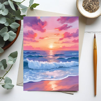 Rosa Meereswellen Sonnenuntergang Wasserfarbe Postkarte