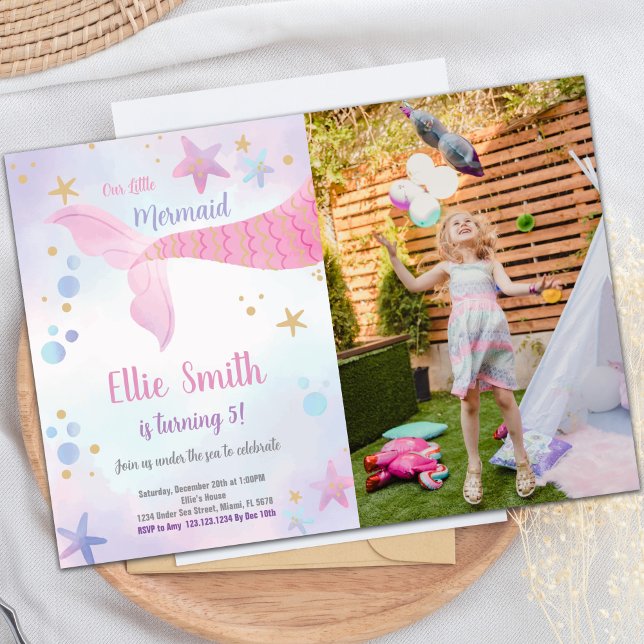 Rosa Meerjungfrau Schwanz Geburtstag Einladung mit (Pink Mermaid Tail Birthday Invitations with photo)