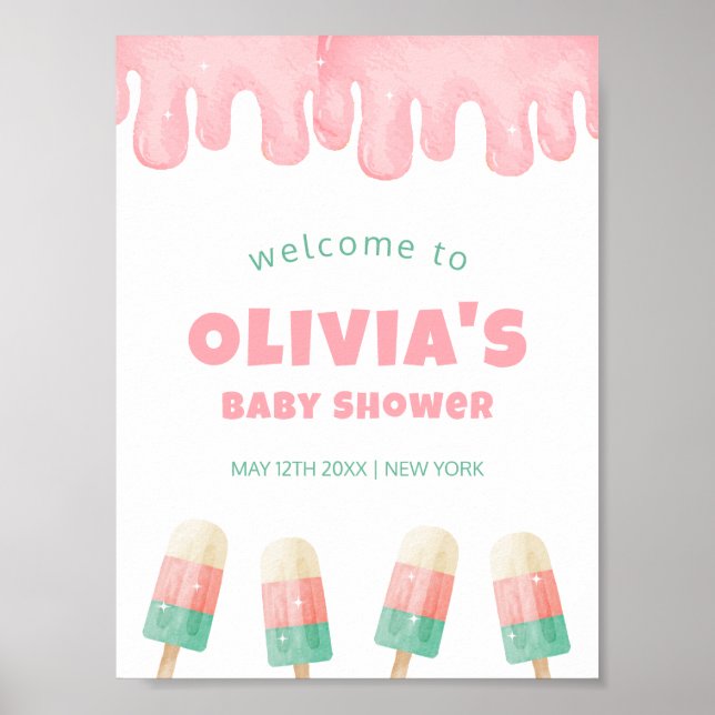 Rosa Melt Ice Cream Pop Baby Dusche Empfang Poster (Vorne)