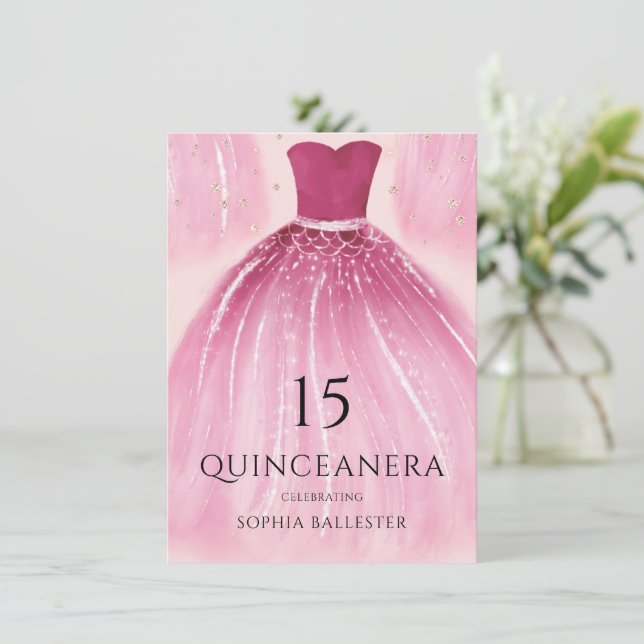 Rosa Mermaid Dress 15. Quinceanera Party Einladung (Stehend Vorderseite)
