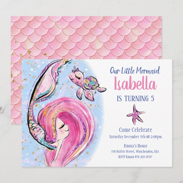 Rosa Mermaid Geburtstagsparty Einladung (Vorne/Hinten)