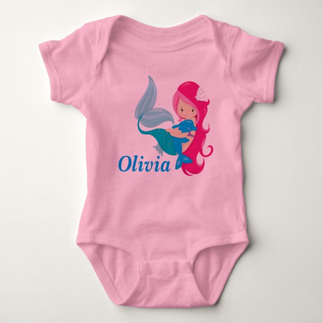 Rosa Mermaid Niedlich Personalisiert Baby Strampler (Vorderseite)