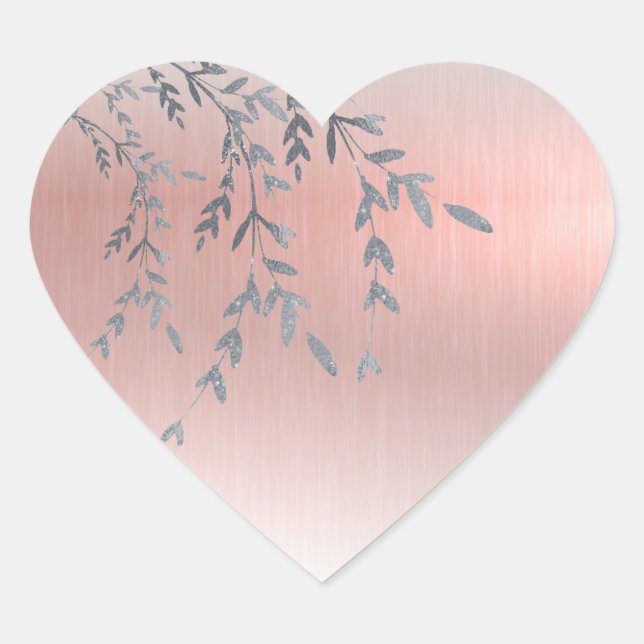 Rosa Metallic Elegant Shiny Glitzer Blätter Herz-Aufkleber (Vorderseite)