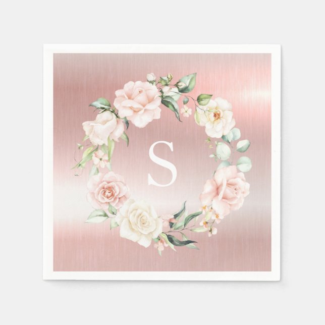 Rosa Metallische Monogramm Blütenblau Serviette (Vorderseite)