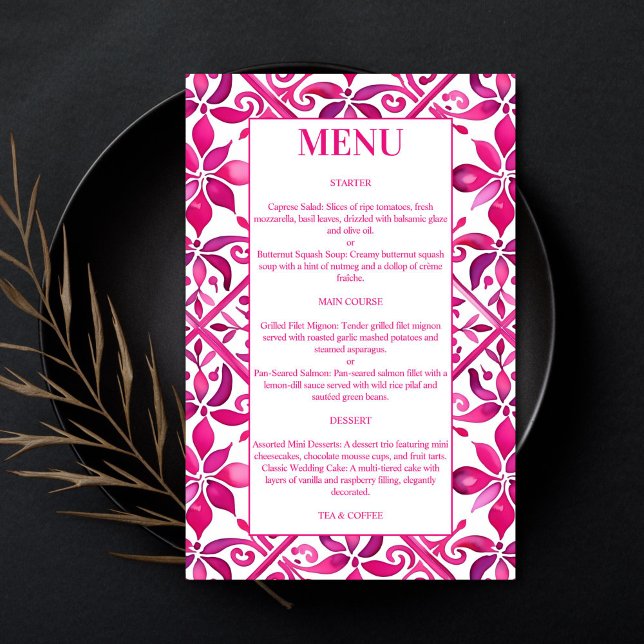 Rosa mexikanische Hochzeitskarte (Pink Spanish vintage Mexican talavera wedding menu cards colorful tile pattern wedding table decor)