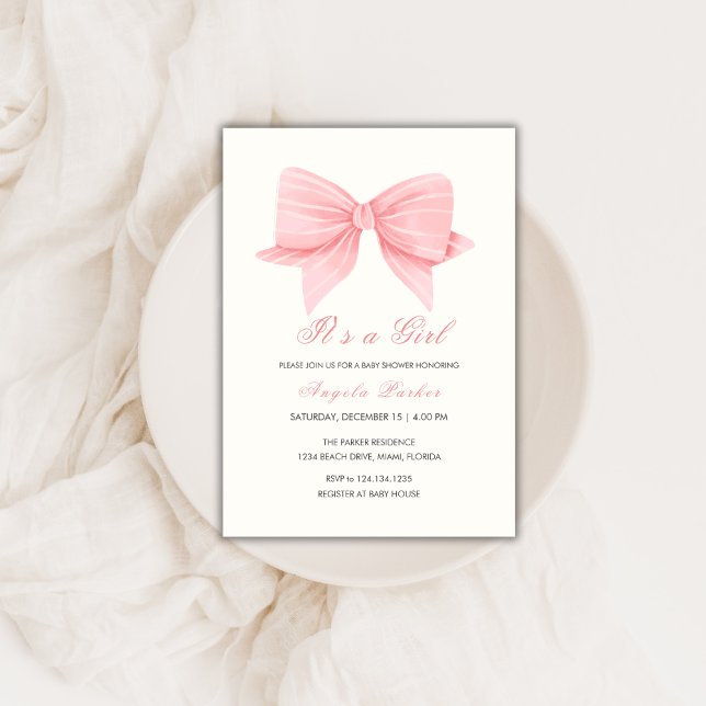 Rosa Minimalistisch Bow Krawatte Girl Babydusche Einladung (Pink Minimalist Bow Tie Girl Baby Shower Invitation)