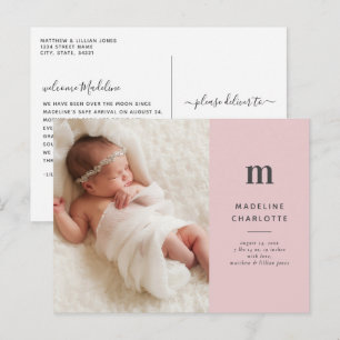 Rosa Minimalistisch Girls Foto Geburtserklärung Postkarte