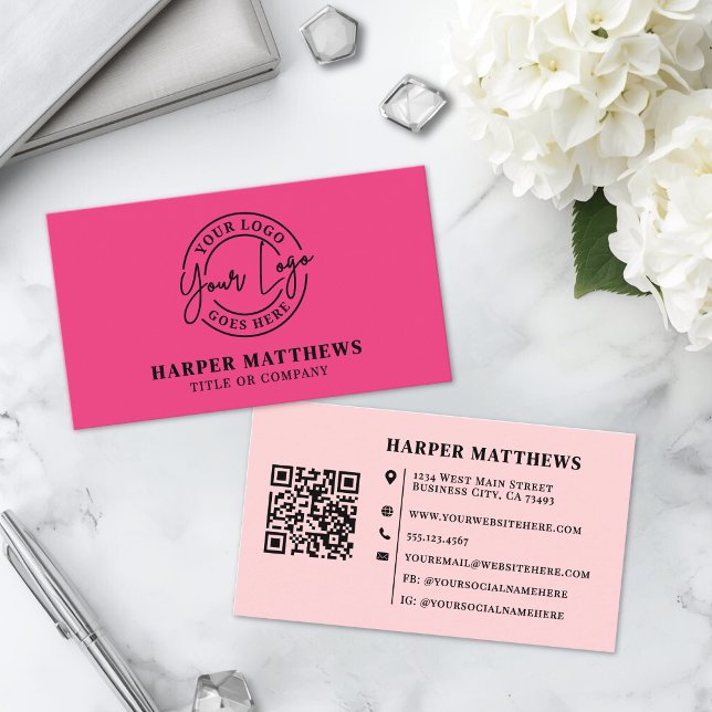 Rosa minimalistisches modernes Logo QR-Code Visite Visitenkarte (Pink Modern Minimalist Logo QR Code Business Card)