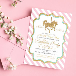 Rosa Mint Grün Gold Karussell-Geburtstagseinladung Einladung