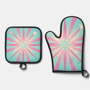 Rosa Mint Retro Starburst Glow Ofenhandschuh & Topflappen-Set