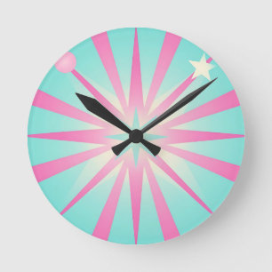 Rosa Mint Retro Starburst Glow Runde Wanduhr
