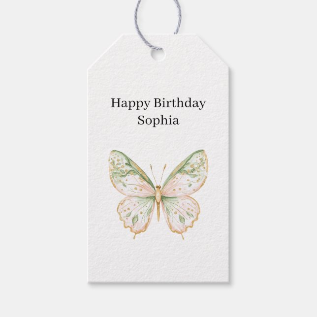Rosa-Mint-Schmetterlings-Geburtstag Geschenkanhänger (Vorderseite)