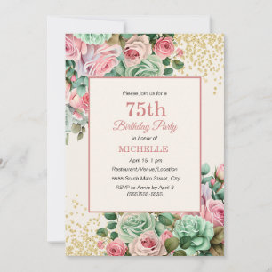 Rosa Mint Vintage Blumen Gold Glitter 75. Geburtst Einladung