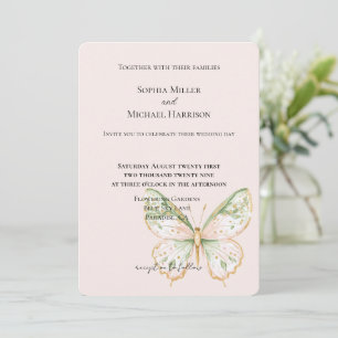 Rosa Mintgrün Gold Schmetterling Hochzeit Einladung
