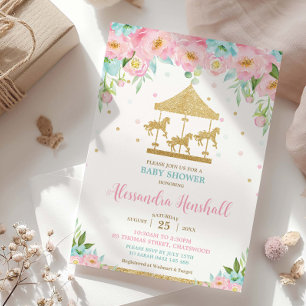 Rosa Minze Blumenkarussell Mädchen Baby Shower Einladung