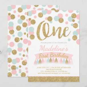 Rosa Minze und Gold Einladung zum 1. Geburtstag