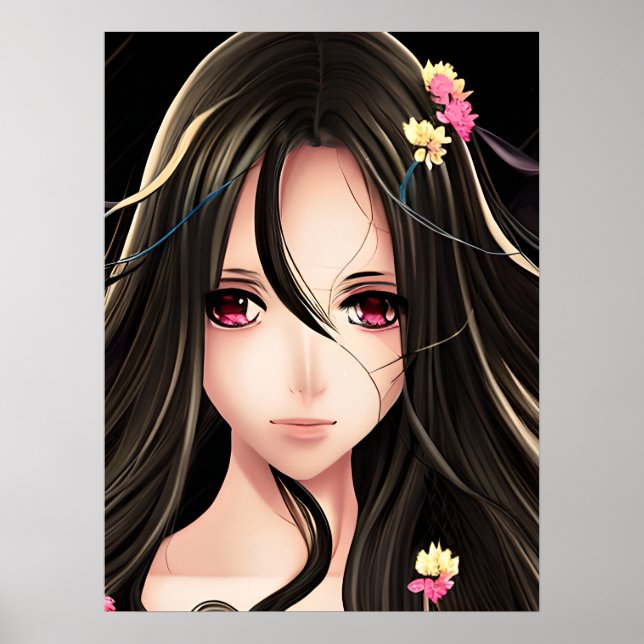 Rosa Mit Augen Brünetter Anime-Girl-Cartoon Poster (Vorne)