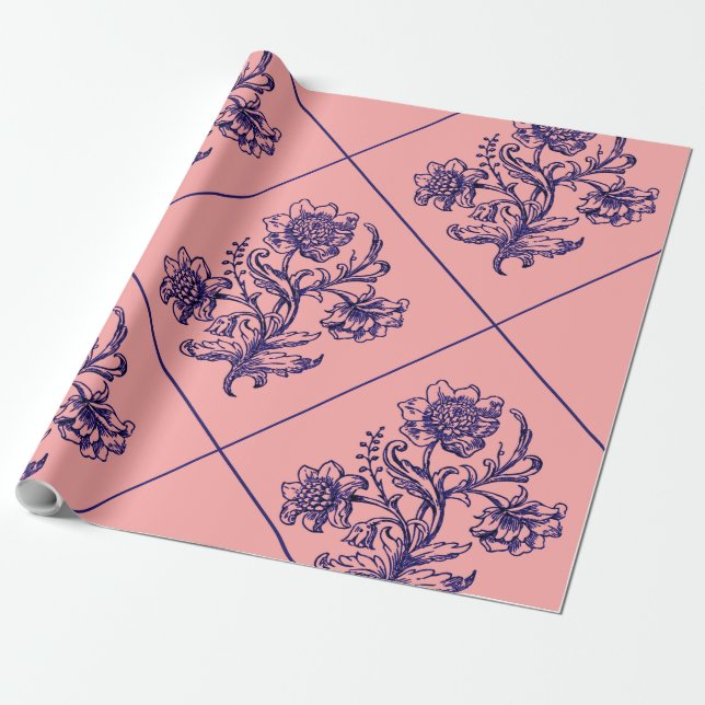Rosa mit blauer Blume Geschenkpapier (Ungerollt)