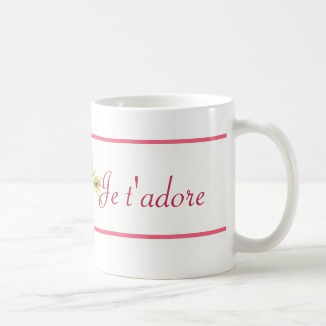 Rosa mit BlumenTasse "Je t'adore" 11 Unze Tasse (Rechts)