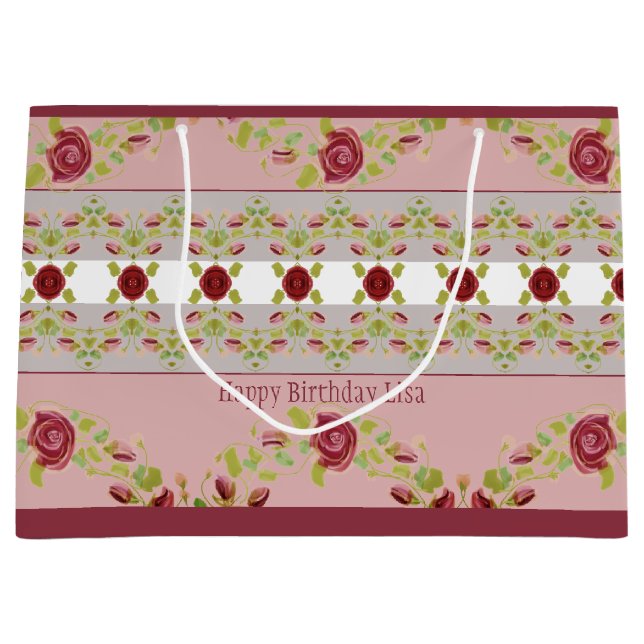 Rosa mit Burgund-Floral Große Geschenktüte (Vorderseite)