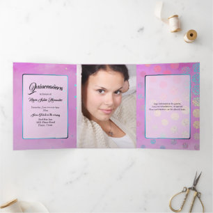 Rosa mit Confetti und Custom Foto Quinceañera Dreifach Gefaltete Einladung