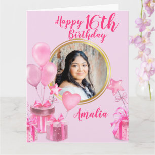 Rosa mit Geschenken und Ballons rund um das Foto Karte