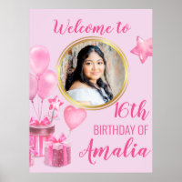 Rosa mit Geschenken und Ballons rund um das Foto