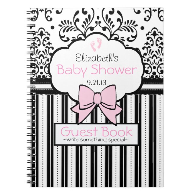 Rosa mit schwarzem Damast-Babyparty-Gast-Buch Notizblock (Vorderseite)