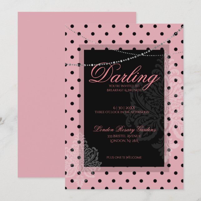 Rosa mit schwarzem Polk dots Frühstücksbrunch Einladung (Vorne/Hinten)