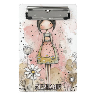 Rosa Mixed-Media-Mädchen - Gänseblümchen und Punkt Mini Klemmbrett