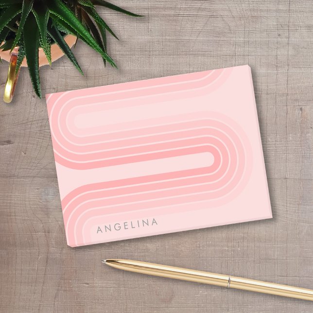 Rosa Mod-Streifenmuster-Individuelle Name Post-it Klebezettel (A retro 70s line art design with blush pink curves and stripes. Add your name to personalize this!)