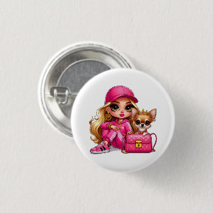 Rosa Modepuppe und Welpen-Plüschdecke Button